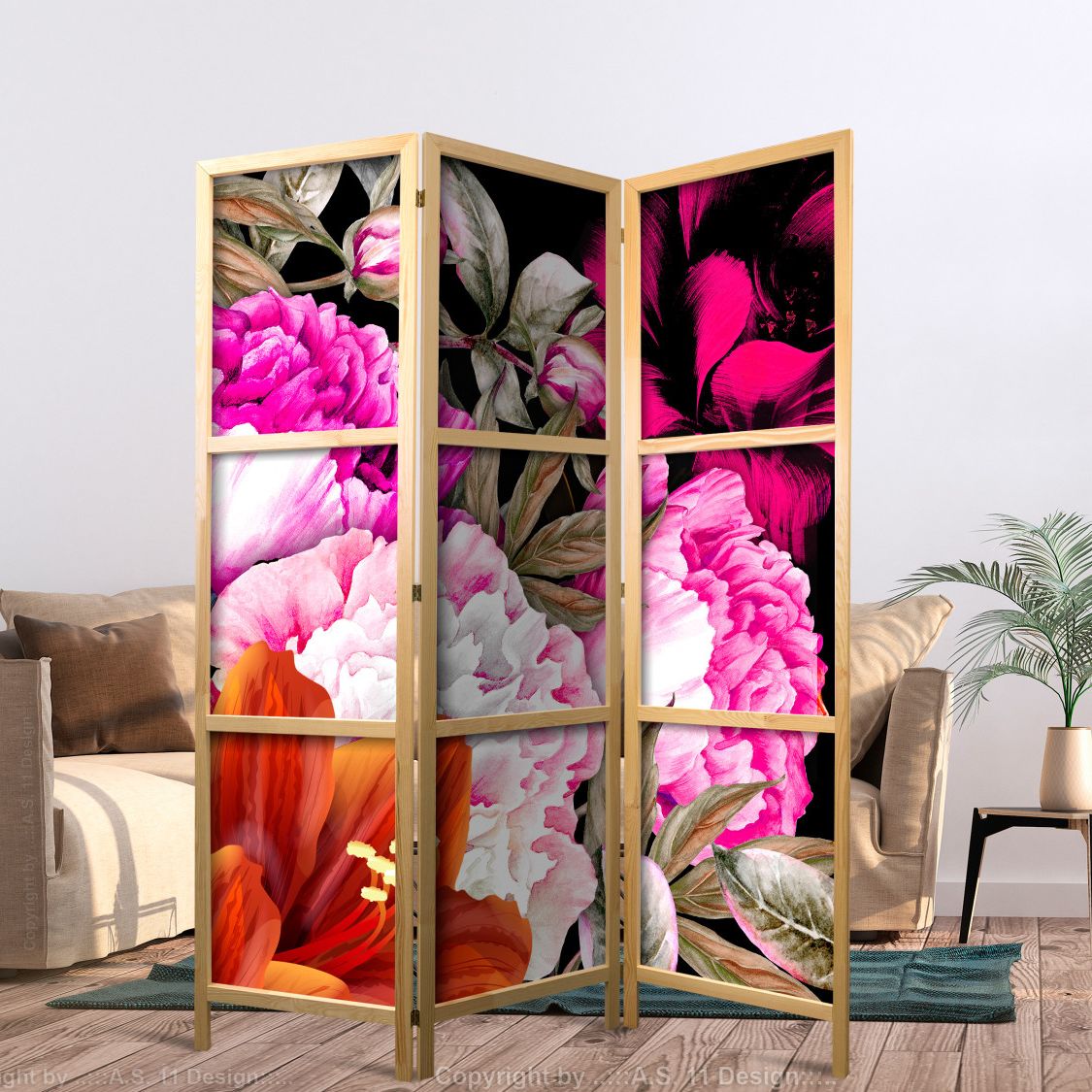 a 3 piece japanese room divider in a living room, there's some beautiful flowers motifs in the canvas of the room divider, it's appears high quality and printed on top of it