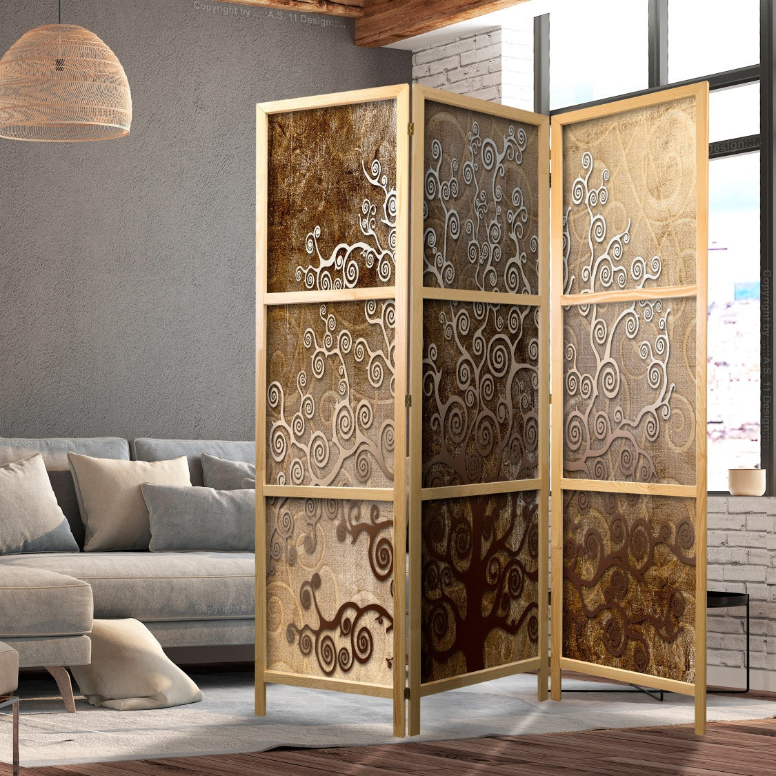 an abstract design (brown tree of life) in a canvas of a room divider screen in a living room