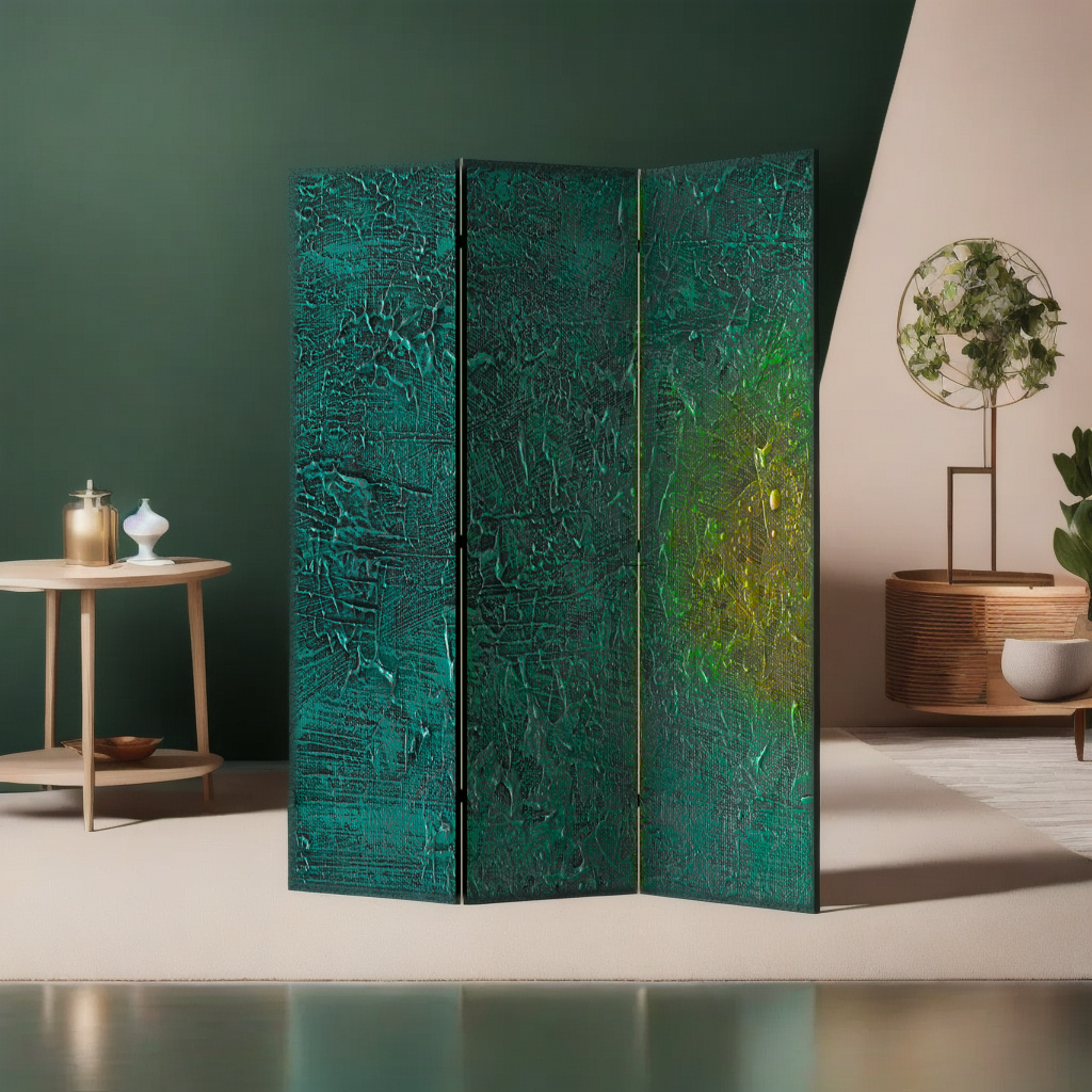 a 3 panels room divider with patterned design in teal blue and green in a living room for privacy and decoration