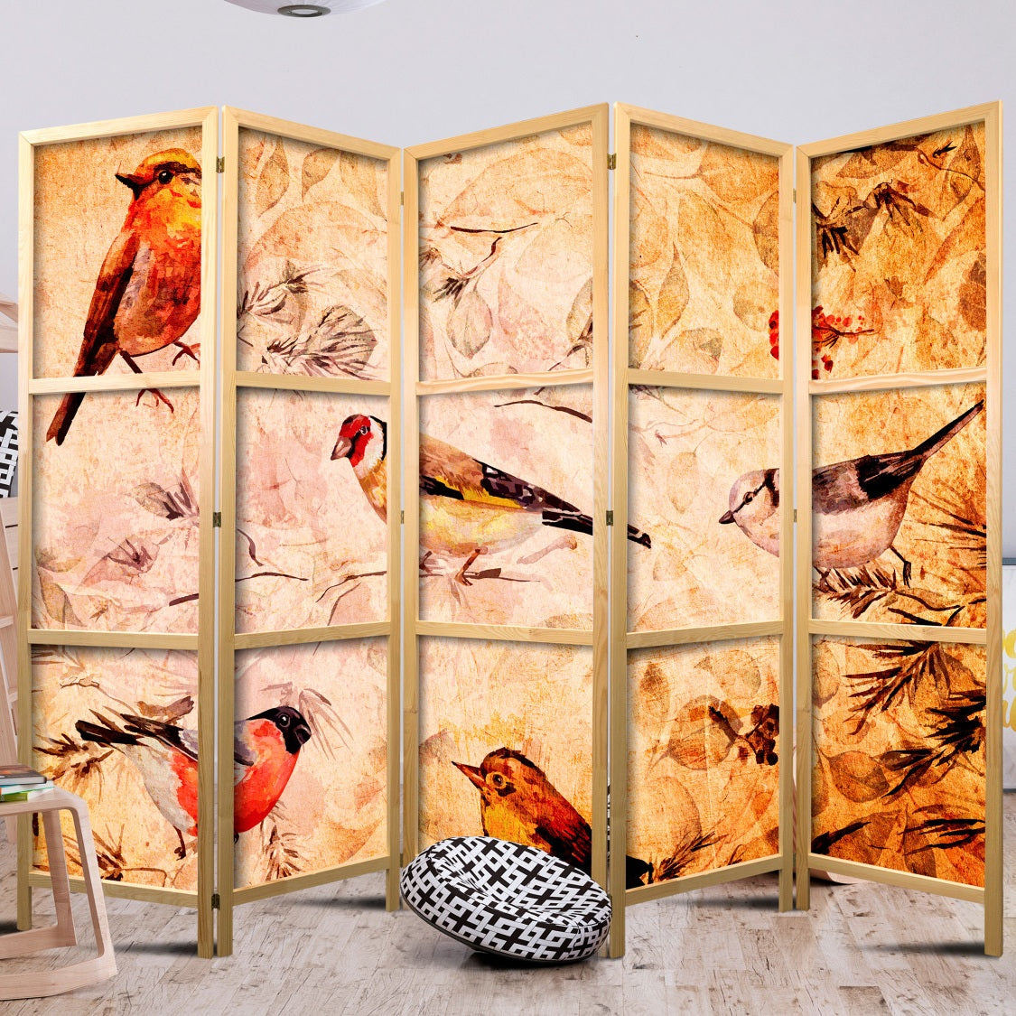 5 panels shoji screen with birds printed on it canvas