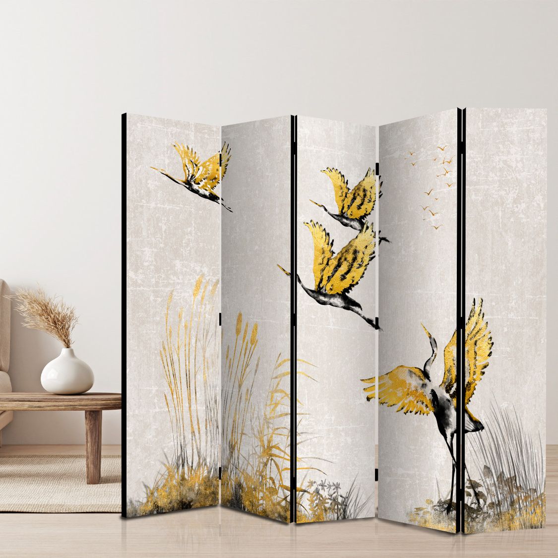 5 panels room divider screen with printed design of yellow birds just taking off, this folding screen is standing on a living room with rustical design