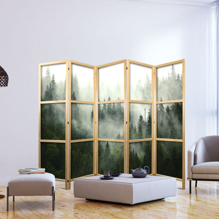 a forest print japanese room divider in a living room