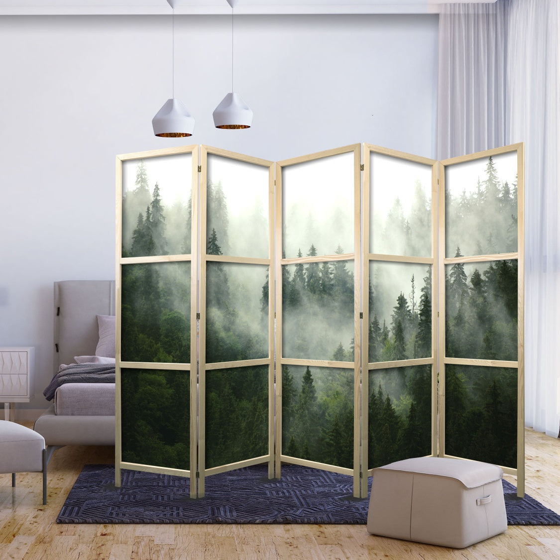 a forest print on the canvas of a shoji screen, this foldable japanese inspired room divider is displayed in a chic and modern interior on top of a purple rug