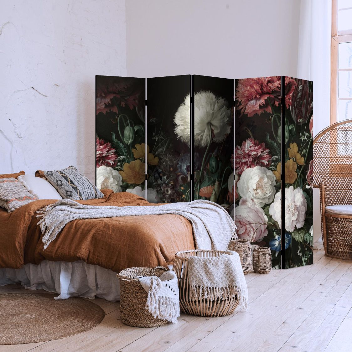 a cosy bedroom with a beautiful bed and next to it a 5 panels decorative room divider with black background and wonderful flowers such as roses, & dandelions