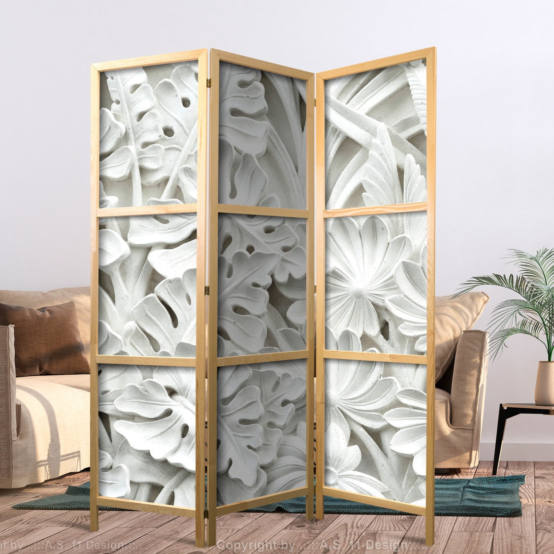 a shoji folding screen in a living room, you can see white patterned design of flowers printed on the canvas of the screen