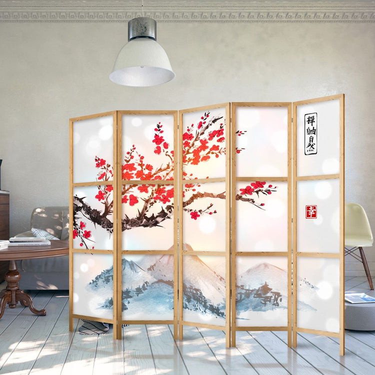An Oriental Shoji screen with a mount fuji design printed on it canvas, this is a fully retractable shoji screen one sided design
