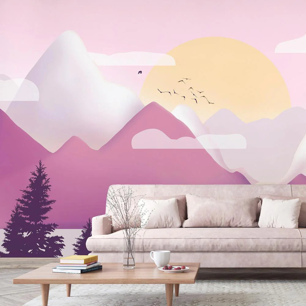 A colorful living room with a yellow couch, patterned rug, and a large abstract mural on the wall. The mural features geometric shapes in shades of Pink, Yellow, and purple.
