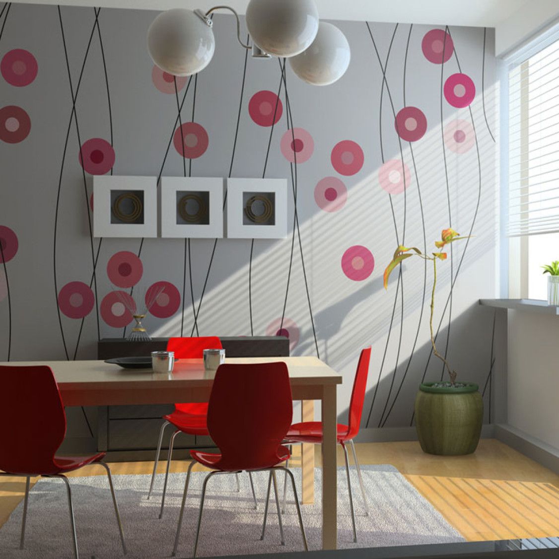 a modern dining room table and chair next to a sunny window with a beautiful wallpaper mural with gray background and pink circles design mounted in the background of the dining room wall