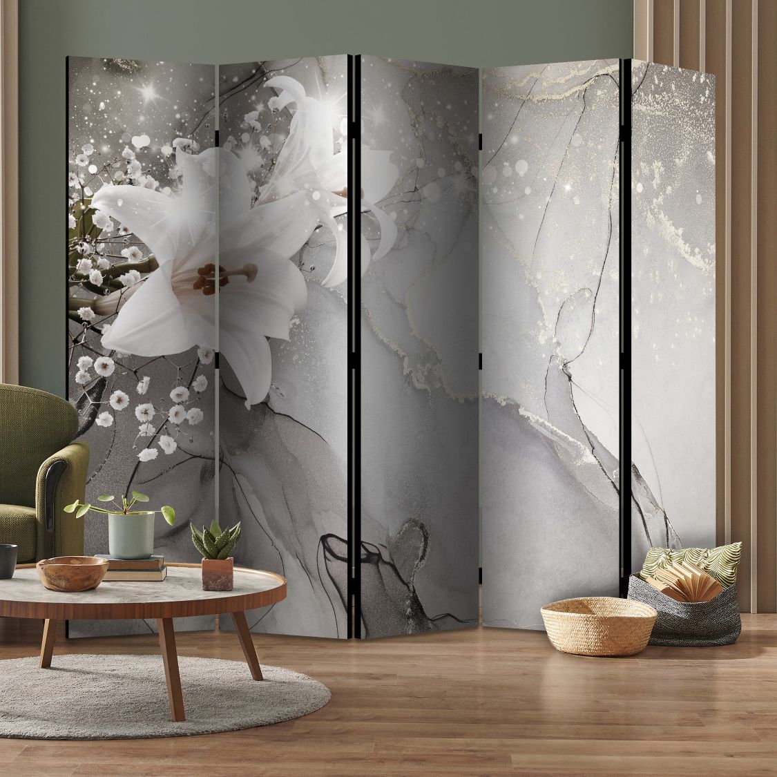 floral room divider screen in a living room, you see wooden floor and a table next to the partition screen that is decorative and have a flower design on the left side of the divider
