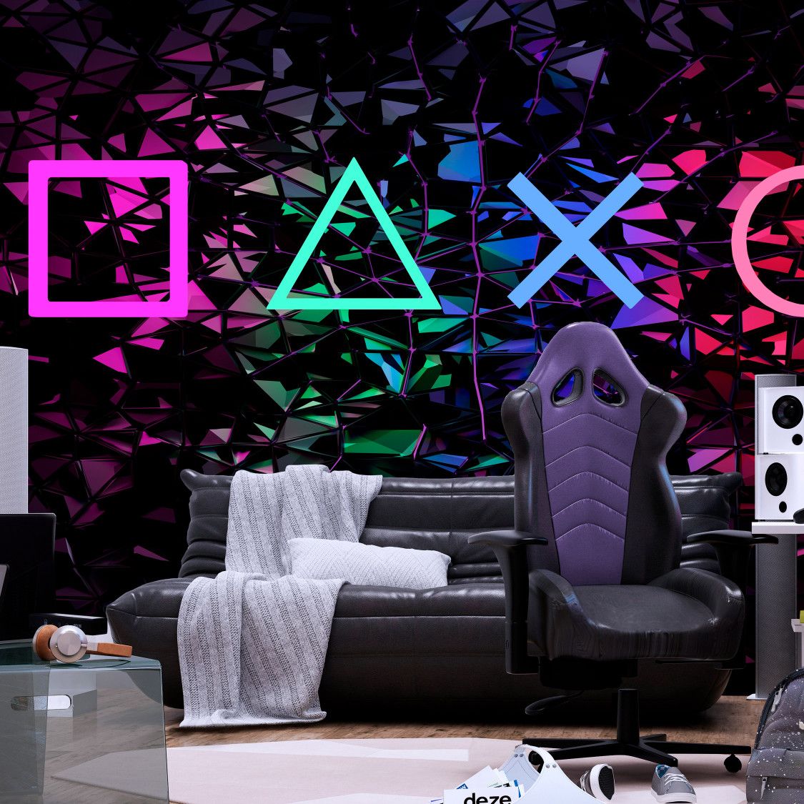 a room that is specifically designed for gaming, you can see a gaming chair, a cosy couch and a wallpaper inspired by gaming controller button symbols and neon mounted on the wall