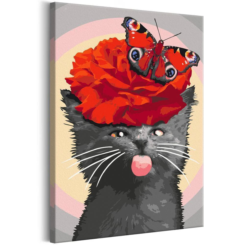 a canvas featuring a black kitten with it tong showing up with a red rose and a red butterfly on top of it head cute picture to paint 