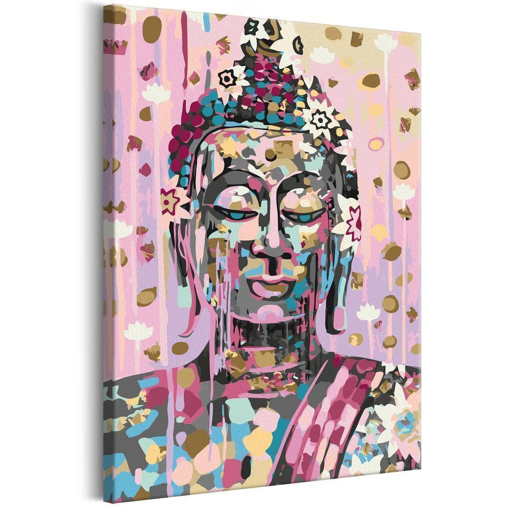 a canvas featuring buddha in beautiful colors of blues, pinks, purple and yellows, you can learn to paint this picture with our learn to paint by numbers kits