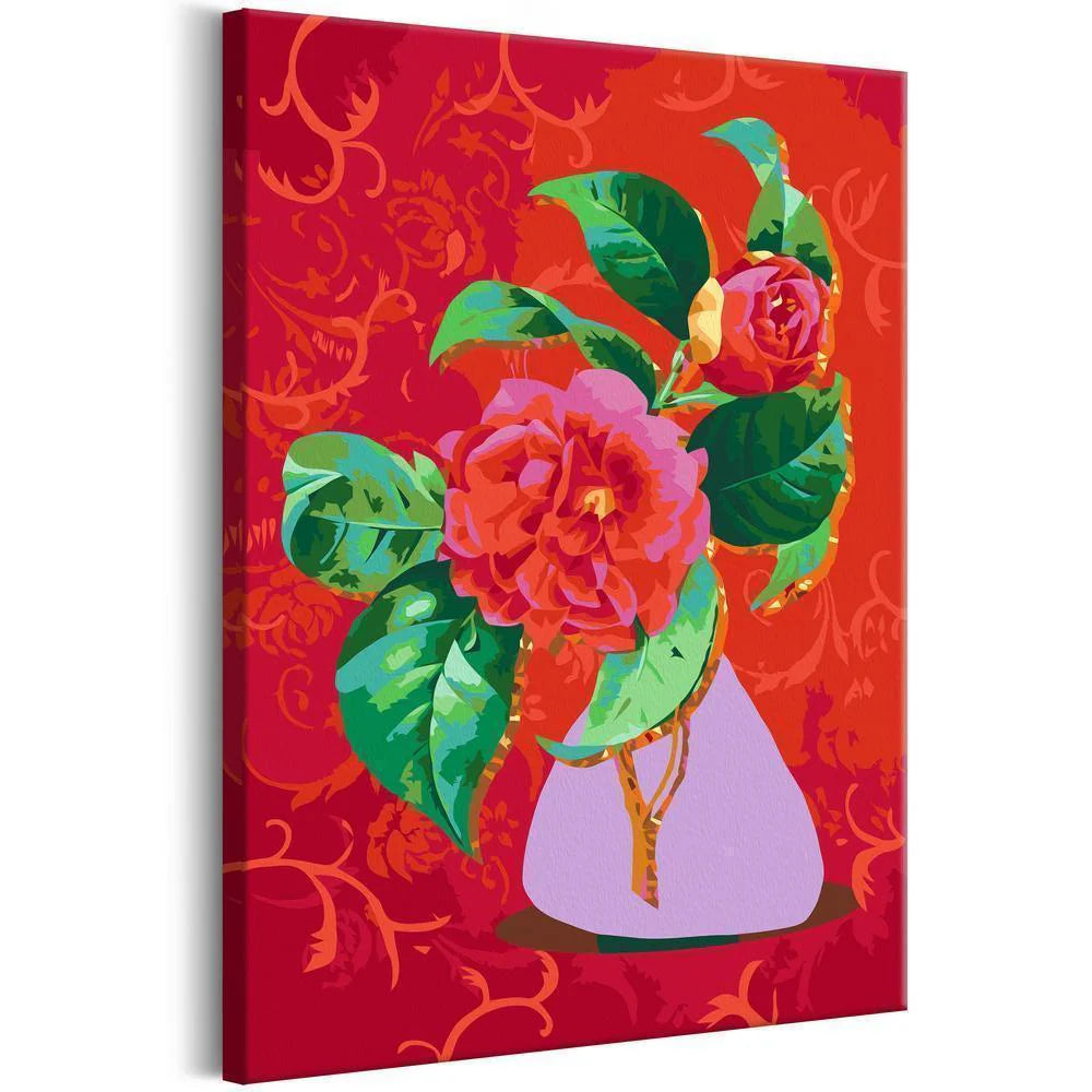 learn to paint canvas featuring a bouquet of flowers with shades of reds, greens and purple