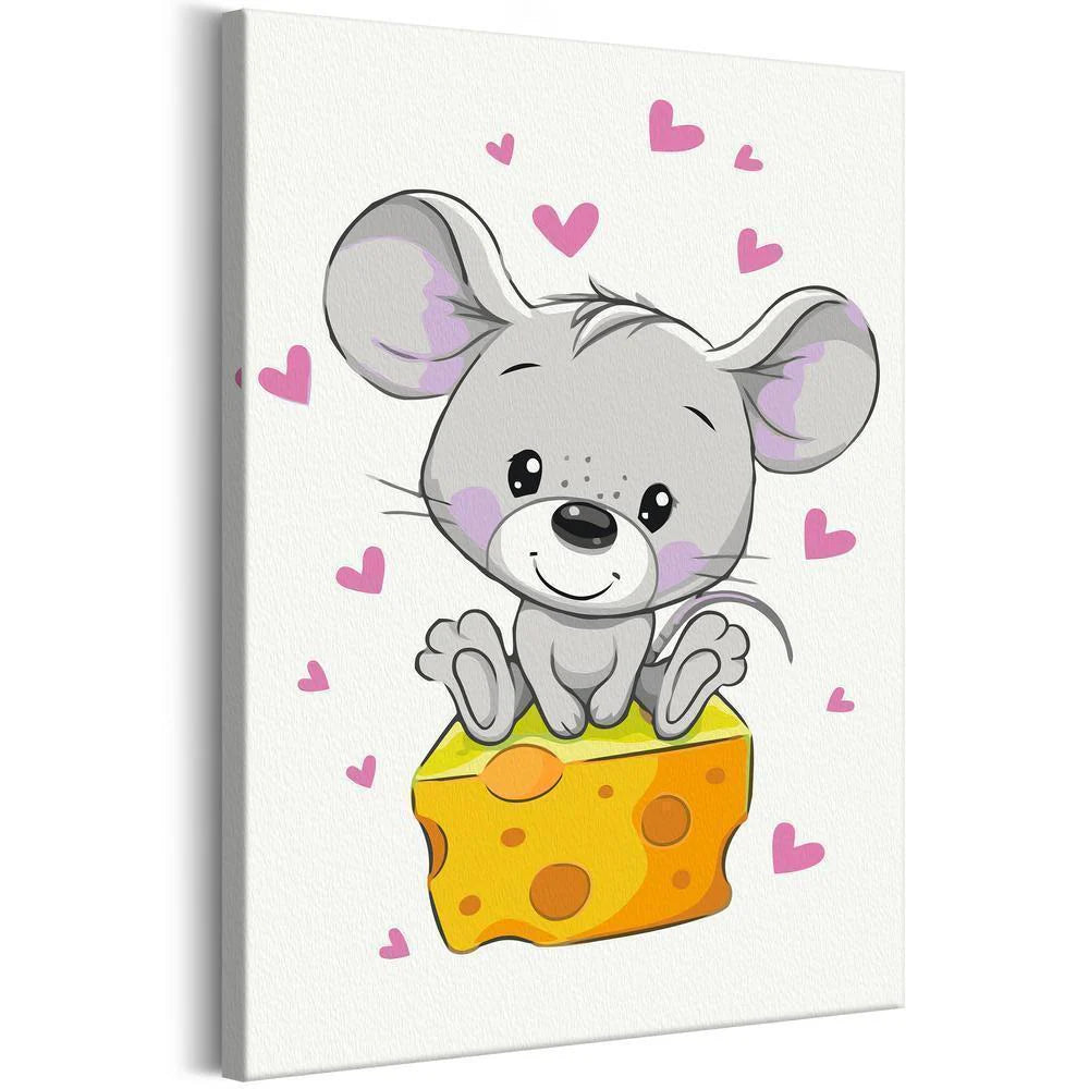 canvas of a mouse sitting on a cheese cube, this is a learn to paint kit for children, allows your wonderful little one to spark creativity and learn to paint by numbers