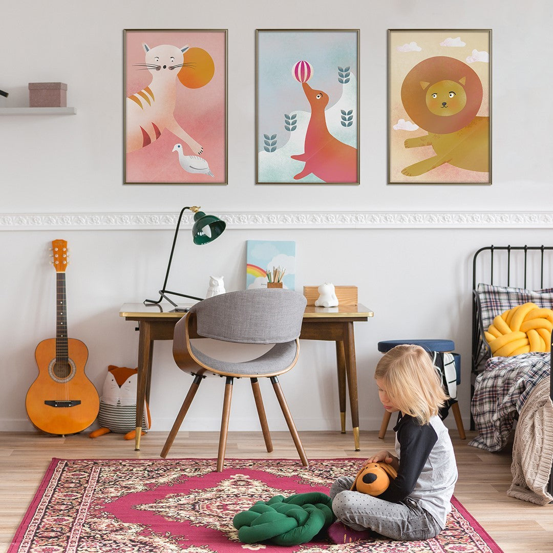 A vibrant children’s play area with whimsical animal artwork on the walls, a guitar leaning against the wall, and various toys scattered on the floor