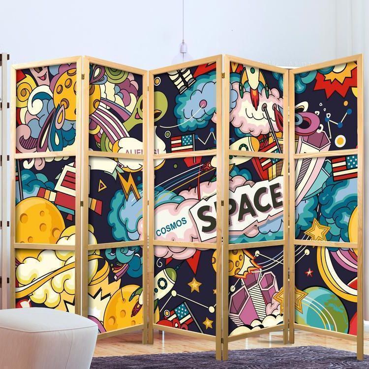 a shoji room divider in a teenager room with a beautiful print of space characters