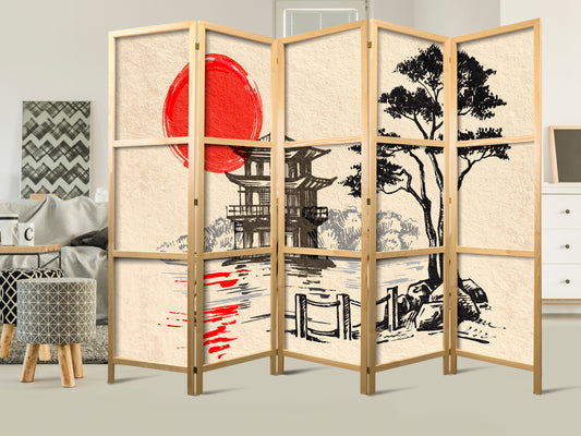 Japanese Room Divider - Japan's Temple and Circle of the sun