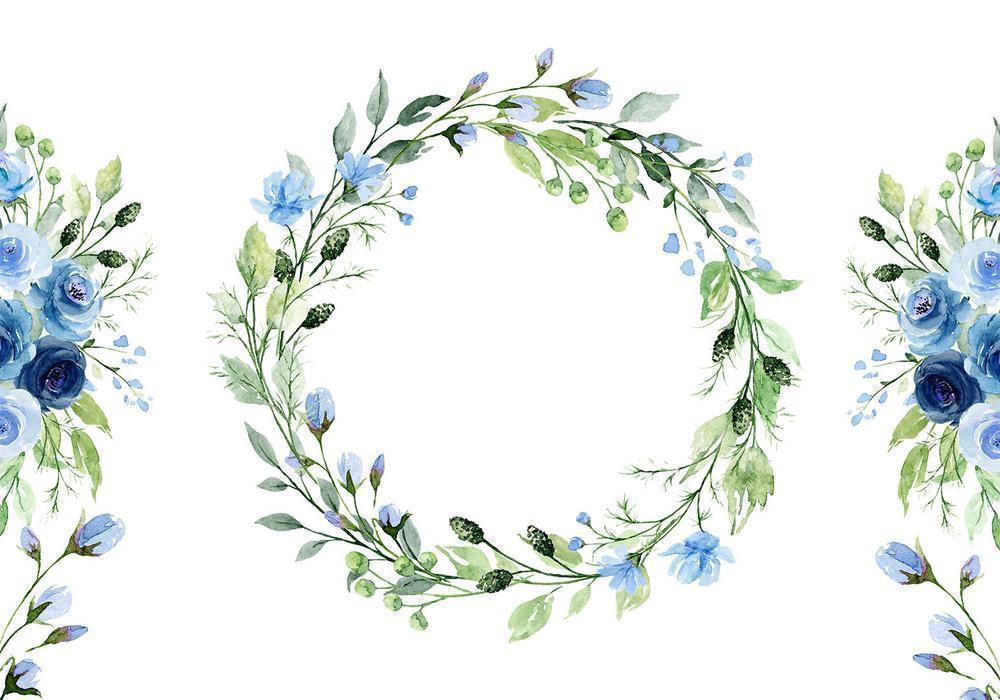 Wall Mural - Romantic wreath - plant motif with blue flowers and leaves-Wall Murals-ArtfulPrivacy