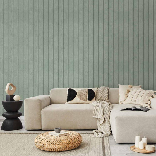 Wallpaper - Delicate Wood - Vertical stripes in a pastel green shade