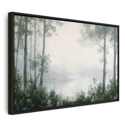 Impression sur toile - Paysage rétro avec arbres et étang dans des tons verts patinés