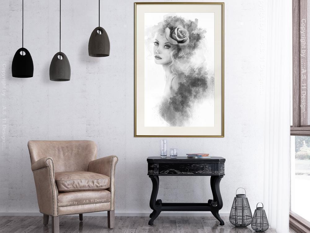 Black and White Framed Poster - Mysterious Lady-artwork for wall with acrylic glass protection