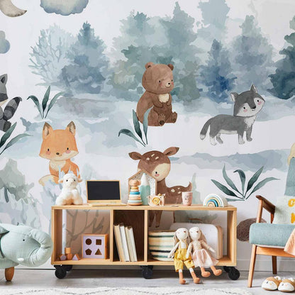 Wall Mural - Forest Games - Animals in a Forest Painted in Watercolours