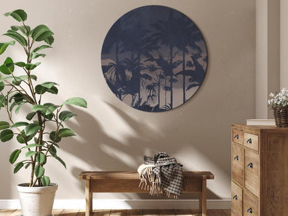 Circle shape wall decoration with printed design - Round Canvas Print - Evening in an exotic forest - Tropical greenery under the cover of night against the backdrop of mountainous terrain/Jungle at night - ArtfulPrivacy