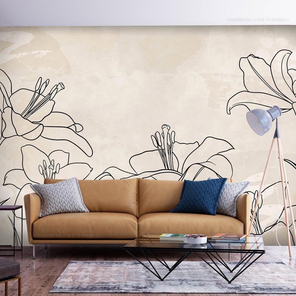 Wall Mural - Sketch of nature - minimalist lineart with lily flowers on a beige background-Wall Murals-ArtfulPrivacy
