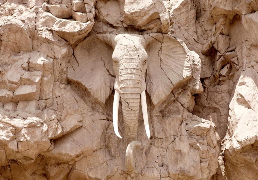 Wall Mural - African Elephant Sculpture - Animal Motif of Sculpture in Light Stone-Wall Murals-ArtfulPrivacy