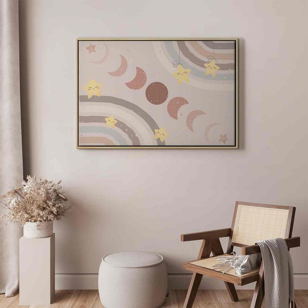 Canvas Print - Joyful Sky - Yellow Cheerful Stars with a Rainbow Against the Phases of the Moon in a Light Beige Sky Hue