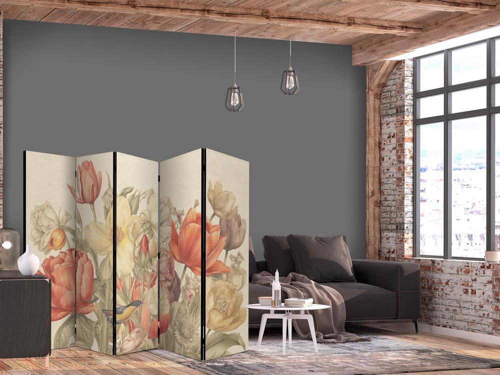 Room Divider - Bouquet with Tulips - Colorful Flowers on a Light Background - Illustration- A 5 Panel Folding Screen For Living rooms, bedrooms or home office, decorative folding screen made with wood and canvas