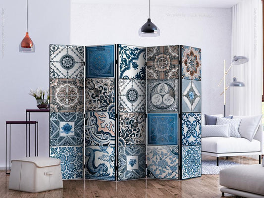 Decorative partition-Room Divider - Blue Arabesque II-Folding Screen Wall Panel by ArtfulPrivacy
