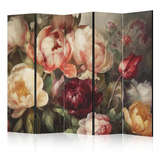 Room Divider - Blooming Peonies - Charismatic Flowers Bathed in Sunlight- A 5 Panel Folding Screen For Living rooms, bedrooms or home office, decorative folding screen made with wood and canvas