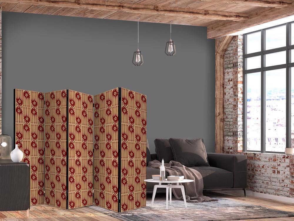 Room Divider - Predatory Features - Red Abstract Shapes Inspired by Tribal- A 5 Panel Folding Screen For Living rooms, bedrooms or home office, decorative folding screen made with wood and canvas