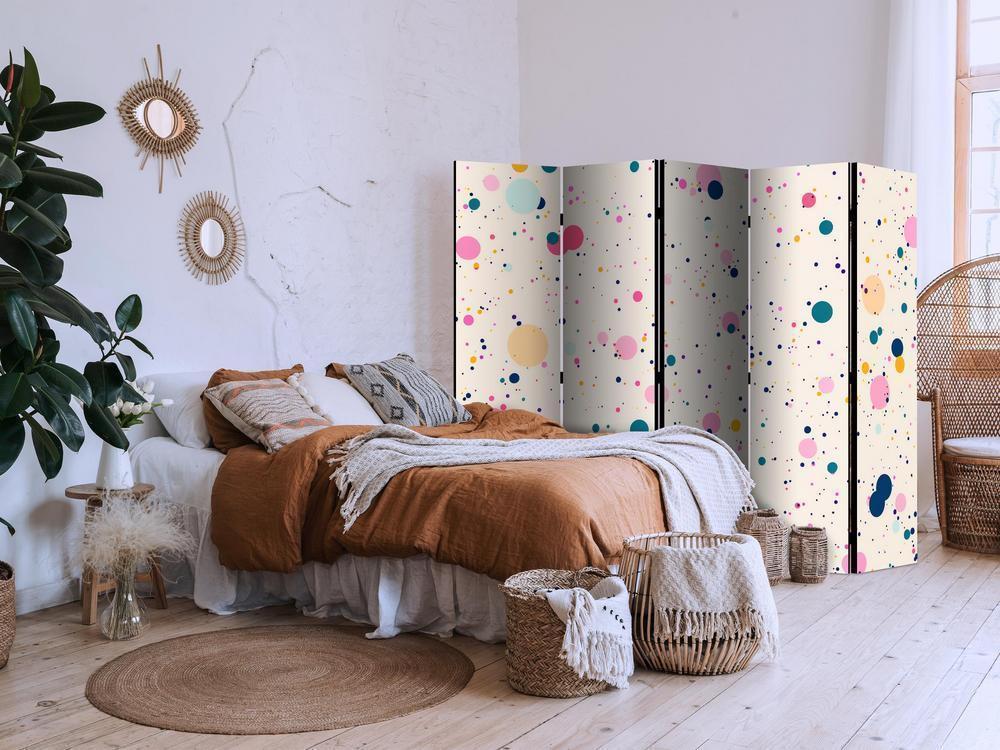 Room Divider - Dots - Spots and Splashes Multicolored - Cheerful Pattern on a Light Pink Background- A 5 Panel Folding Screen For Living rooms, bedrooms or home office, decorative folding screen made with wood and canvas