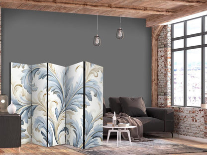 Room Divider - Baroque Ornaments in Light Creamy Blue Colors- A 5 Panel Folding Screen For Living rooms, bedrooms or home office, decorative folding screen made with wood and canvas