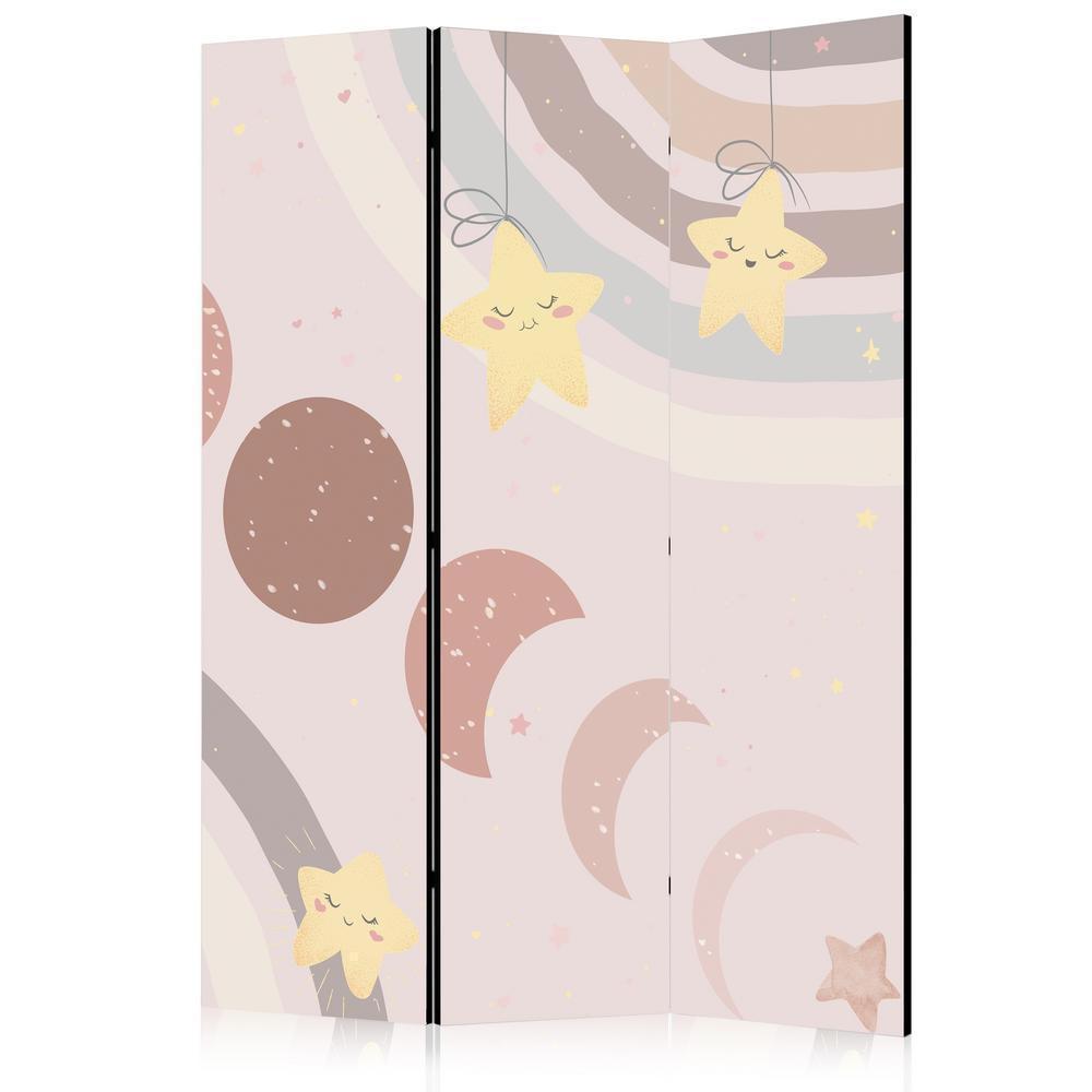 Room Divider - Joyful Sky - Yellow Cheerful Stars with a Rainbow Against the Phases of the Moon - in the Sky Colored Light Beige