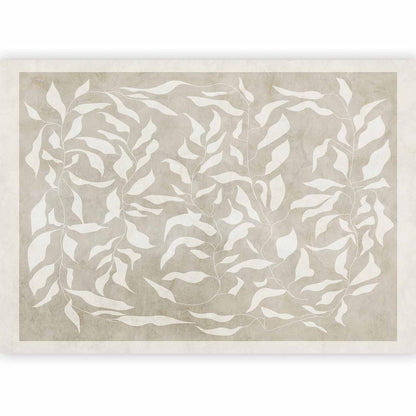 Papier peint - Feuilles blanches - motif végétal abstrait sur fond beige avec cadre