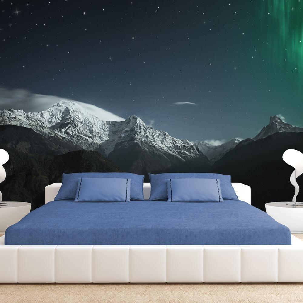 Wall Mural - Northern Lights - Snowy Mountain Landscape in Winter Night with Cosmos in the Background-Wall Murals-ArtfulPrivacy