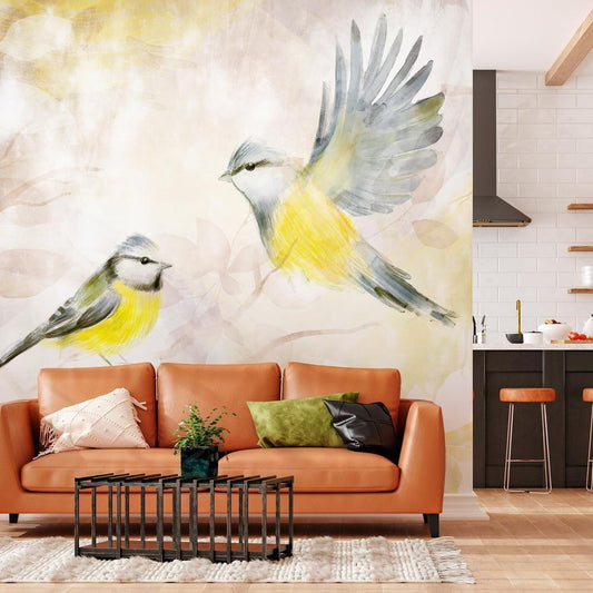 Wall Mural - Painted tits - bird motif with patterns in yellow and beige tones-Wall Murals-ArtfulPrivacy
