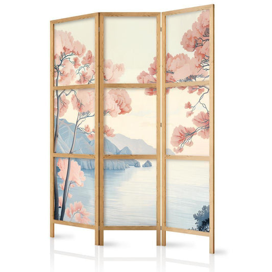 Japanese Room Divider - Landscape with the Ocean - Cliffs - and Trees in Delicate Pink Shades