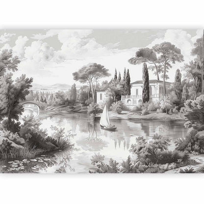 Papier peint mural - Paysage vintage noir et blanc Vue rétro d'un étang avec un bateau