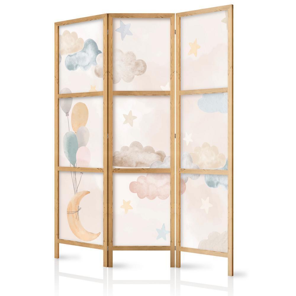 Japanese Room Divider - Fairy-Tale Moon - Moon with Balloons Among Clouds and Stars in Subdued Colors on a Light Beige Background