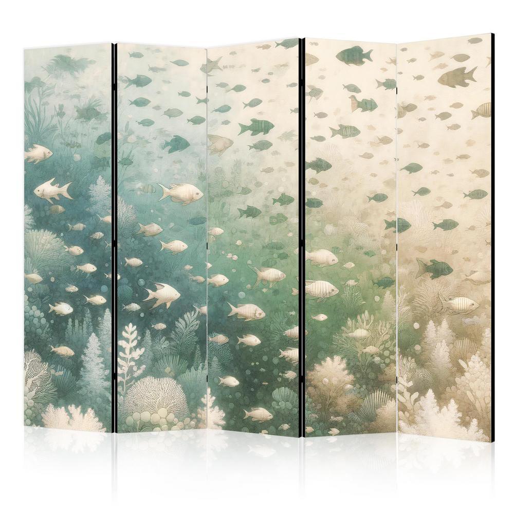 Room Divider - Fish and Diverse Vegetation - A Group of Fish in Pastel Muted Colors Among Oceanic Vegetation- A 5 Panel Folding Screen For Living rooms, bedrooms or home office, decorative folding screen made with wood and canvas