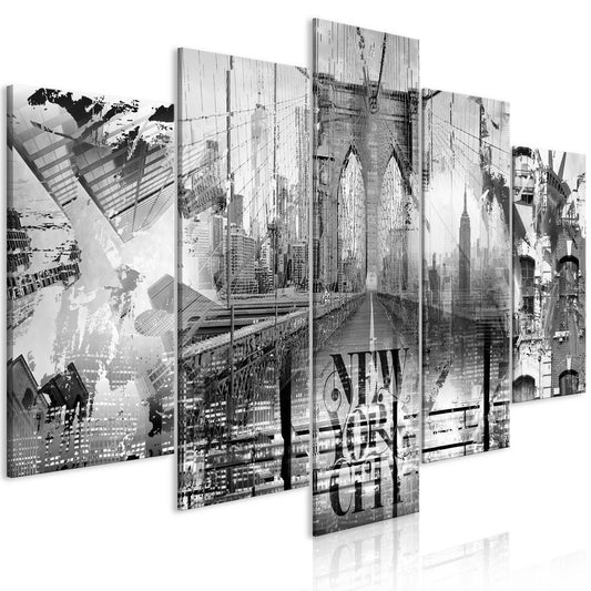 Canvas Print - New York City Collage (5 Parts) Wide Black and White-ArtfulPrivacy-Wall Art Collection