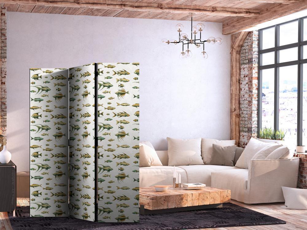 Room Divider - Unusual Species of Fish - A Cluster of Fish in Muted Colors in Retro Style on a Background of Beige Strokes