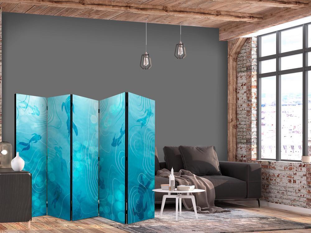 Room Divider - Koi Fish Beneath the Water Surface - A Cluster of Japanese Fish in the Depths of the Pond in Shades of Navy and Blue- A 5 Panel Folding Screen For Living rooms, bedrooms or home office, decorative folding screen made with wood and canvas