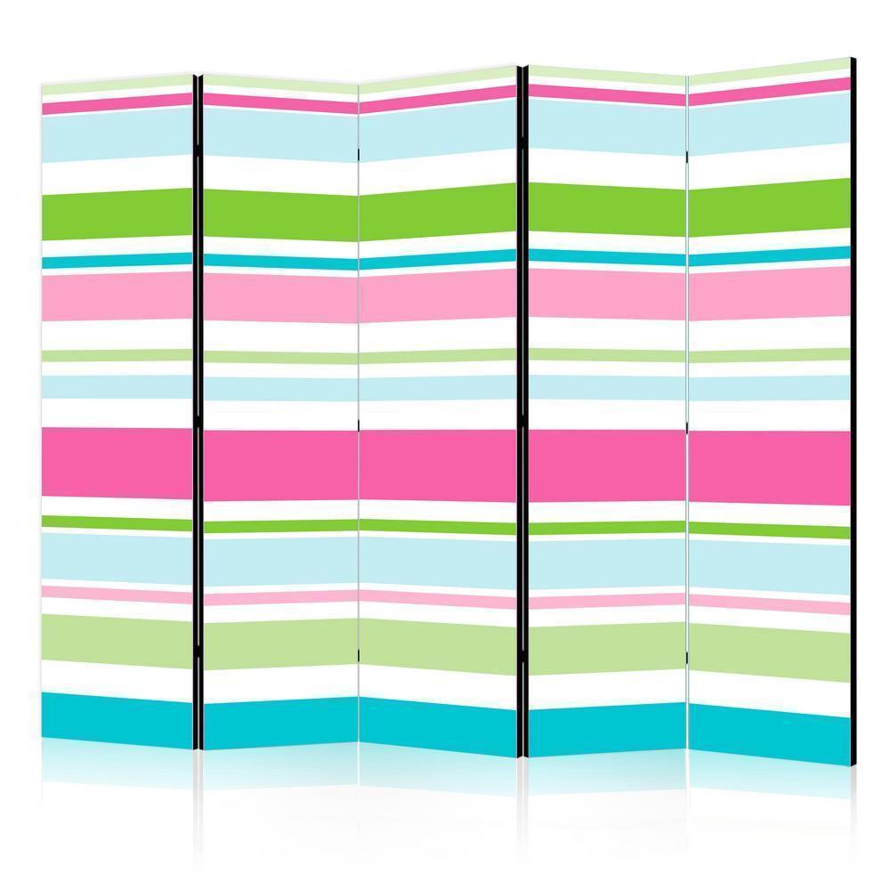 Room Divider - Bright stripes II- A 5 Panel Folding Screen For Living rooms, bedrooms or home office, decorative folding screen made with wood and canvas