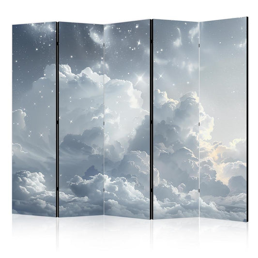 Room Divider - Astral Calm: Stars Scattered Above Gentle Clouds- A 5 Panel Folding Screen For Living rooms, bedrooms or home office, decorative folding screen made with wood and canvas