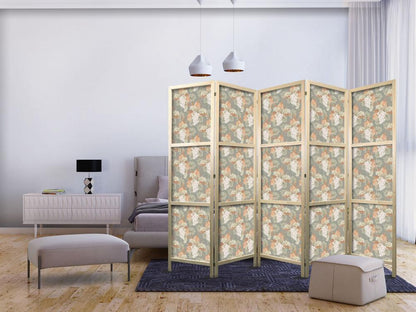 Japanese Room Divider - Little Bouquets - Exotic Flowers and Leaves on a Gray-Green Background